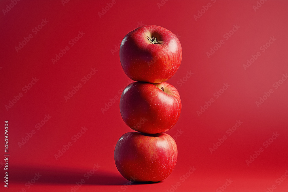 Stack of three red apples against a matching red background