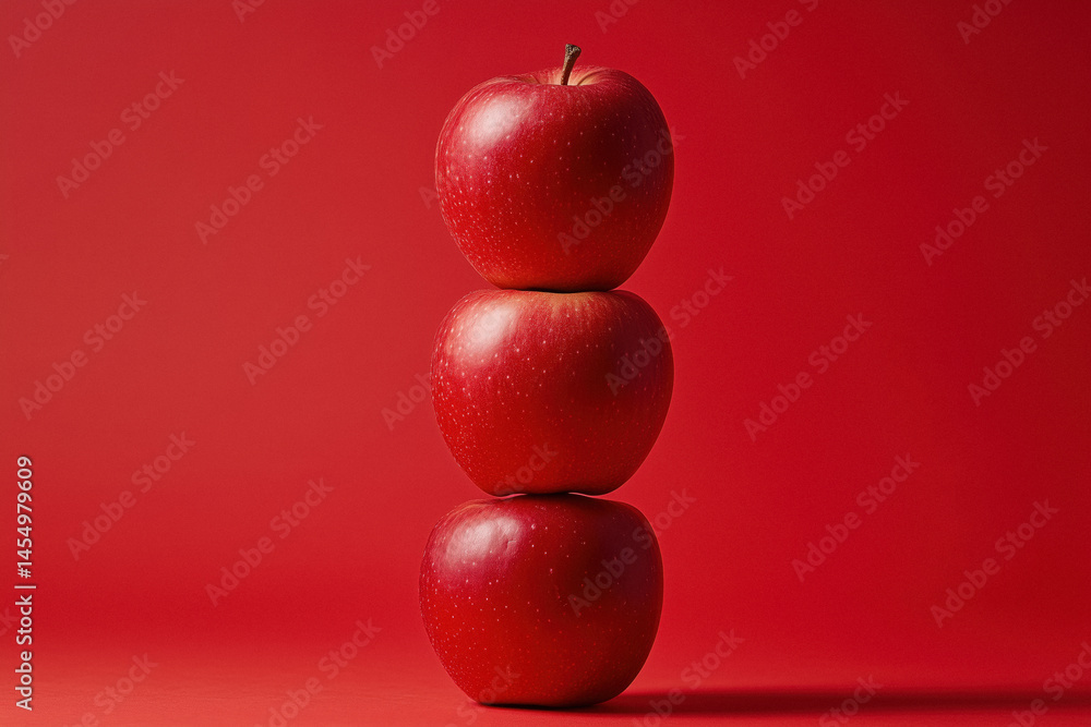 Stack of three red apples against a matching red background