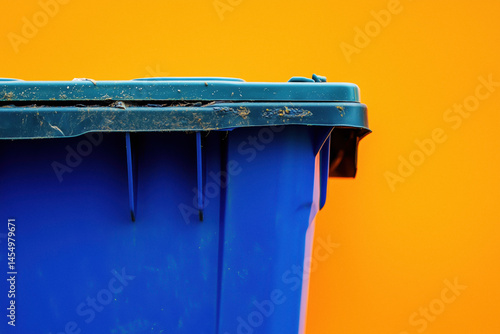 Obraz na płótnie Close-up of a blue wheelie bin against an orange background w salonie
