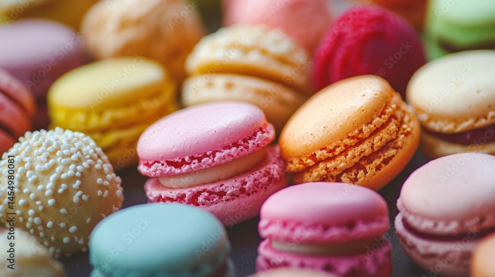 Fototapeta premium Assorted pastel macarons with sugar toppings and colorful background