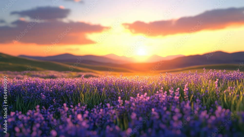 Fototapeta premium Lavender field at sunset, mountain view