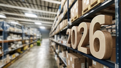 Cardboard numbers 2026 placed in a large warehouse aisle. Logistics and planning concept for new year