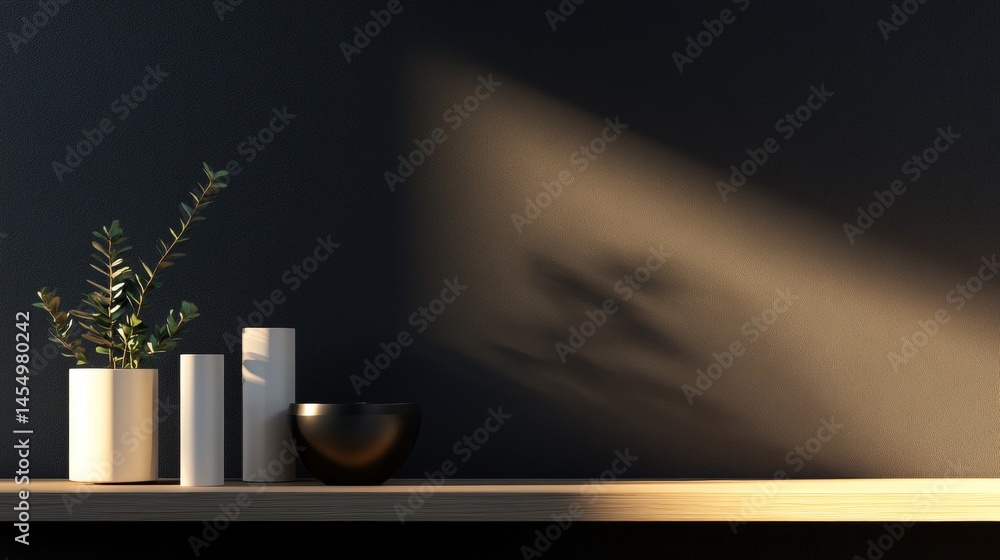 Black background shelf with simple ceramics and plant in shadows