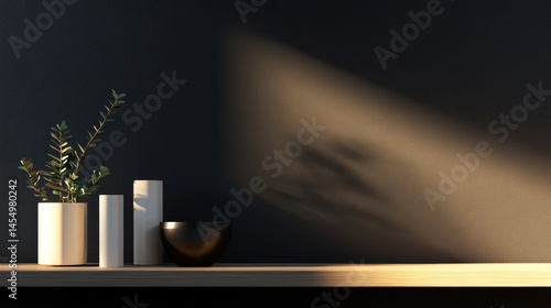 Obraz na płótnie Black background shelf with simple ceramics and plant in shadows w salonie