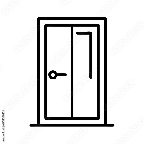 black line icon of glass sauna door with handle and frame, minimalist outline symbol for spa entrance, bathhouse or wellness interior design