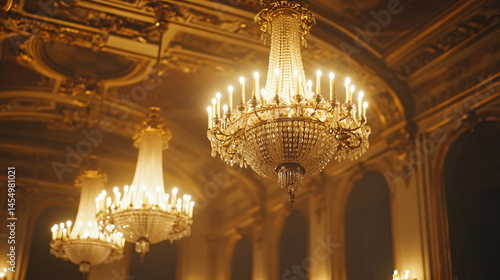 1900 elegant ballroom with ornate chandeliers.