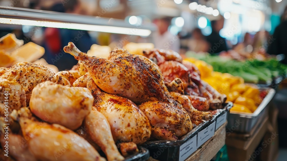 Naklejka premium Market display of grilled chicken with spices and vegetables around
