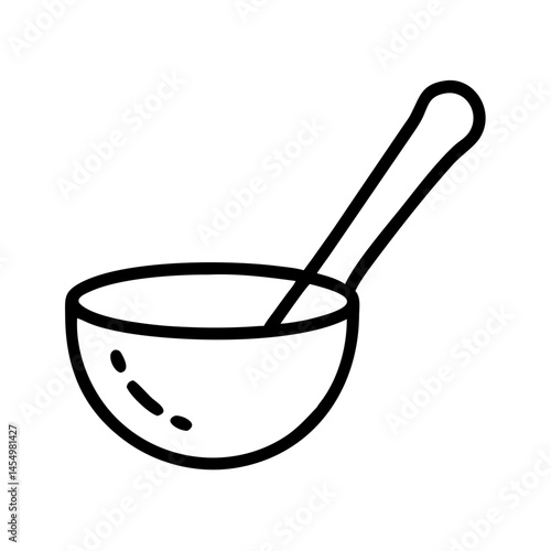 black line icon of sauna water ladle in wooden bowl, minimalist outline illustration of spa accessory for steam room or wellness center