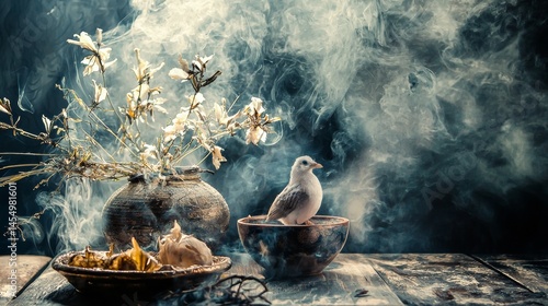 Pigeon beside food offerings and golden tree with incense smoke