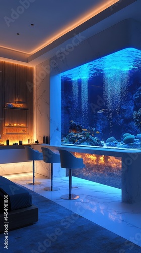 Luxurious bedroom with aquarium bar.  Modern, stylish, and sophisticated design