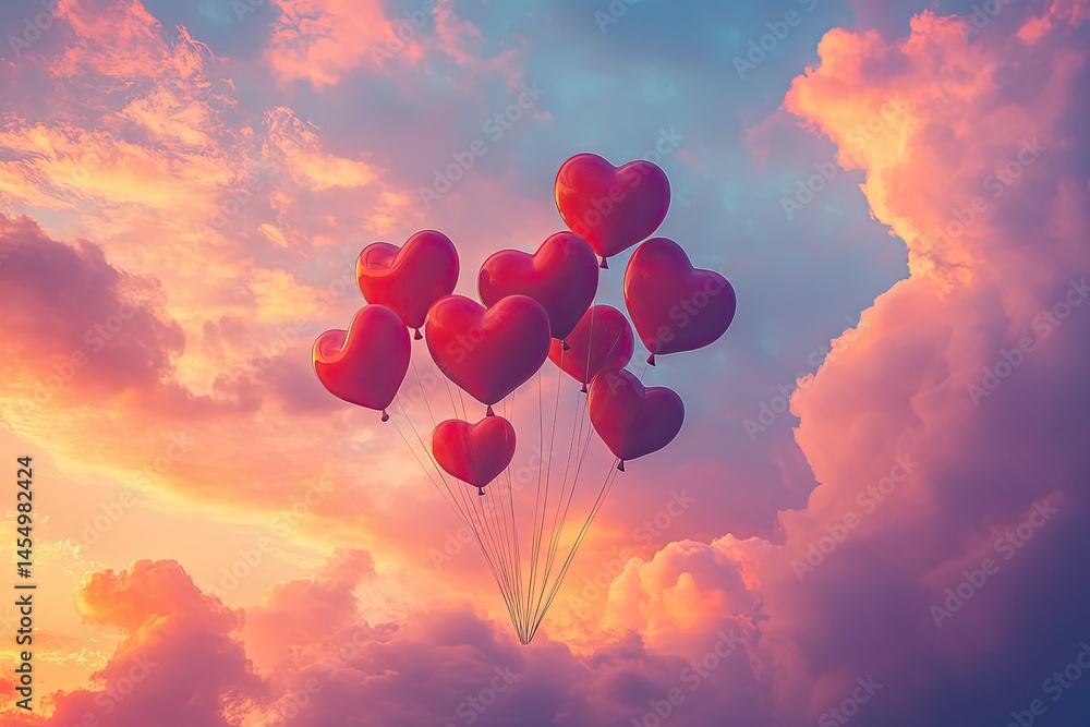Fototapeta premium heart-shaped balloons drifting through a colorful sunset sky filled with soft clouds