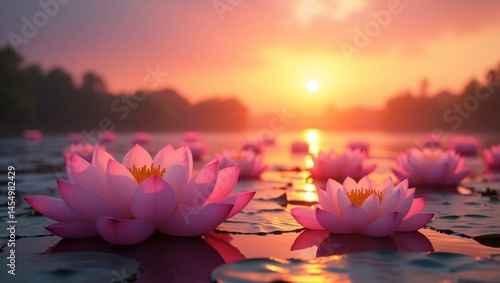 Serene Sunset Pink Lotus Flowers Blooming on Calm Water