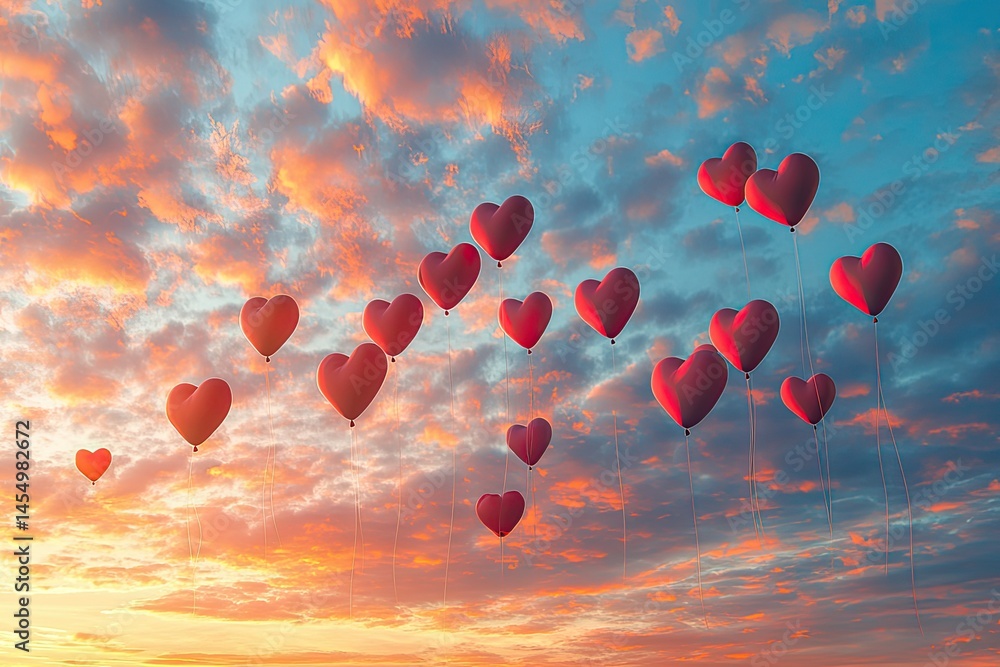 Naklejka premium heart-shaped balloons floating through a colorful sunset sky filled with soft clouds