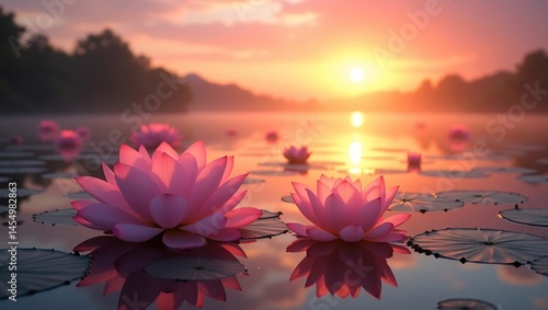 Serene Sunrise Pink Lotus Flowers on Calm Water