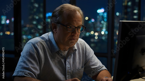 man working in front of computer at night