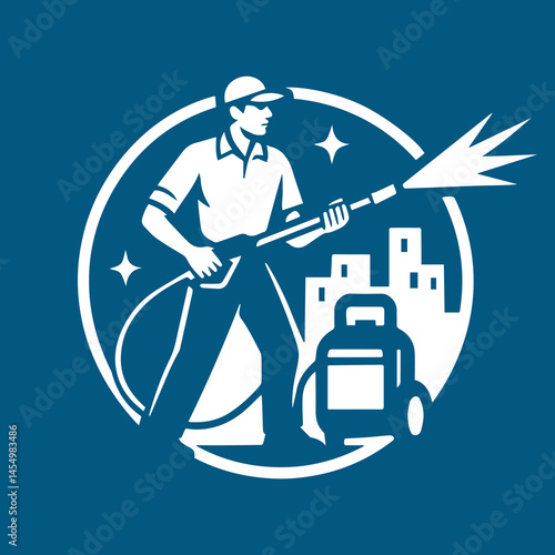 Power Washing Pressure Washer Logo Design Icon for Business worker silhouette sprayer spray gun water spray clean minimalistic illustration service branding clip art blue