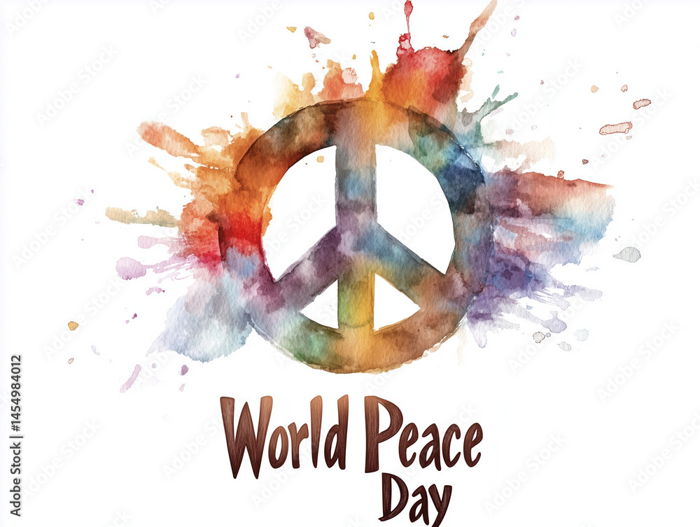 Colorful peace symbol celebrates world peace day with watercolor splashes