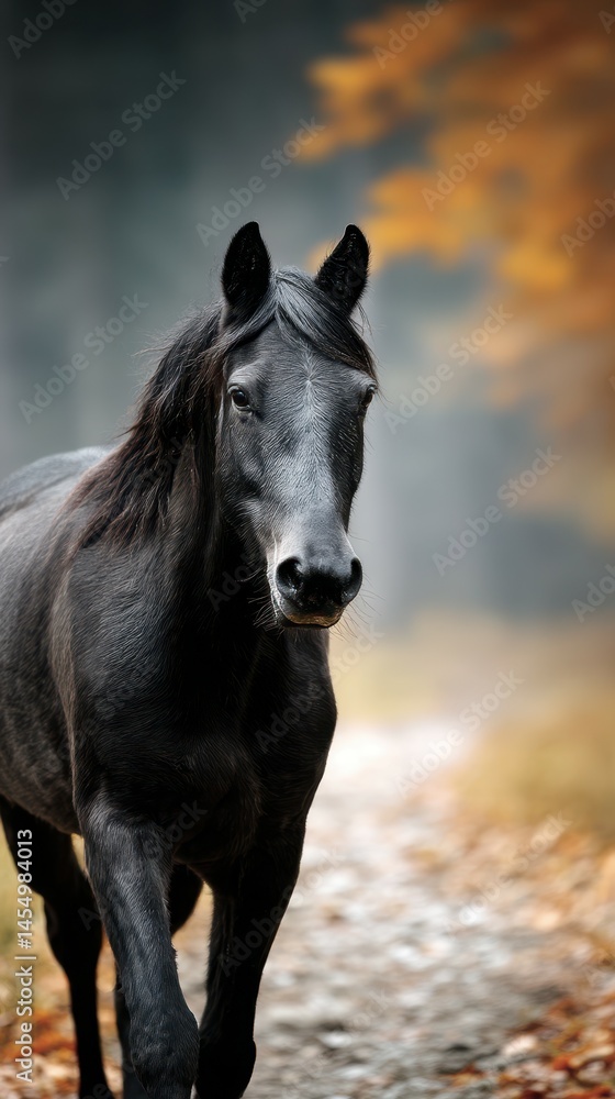 Majestic black horse walking along a forest path during autumn with warm colors in the background Majestic black horse walking along a forest path during autumn with warm colors in the background