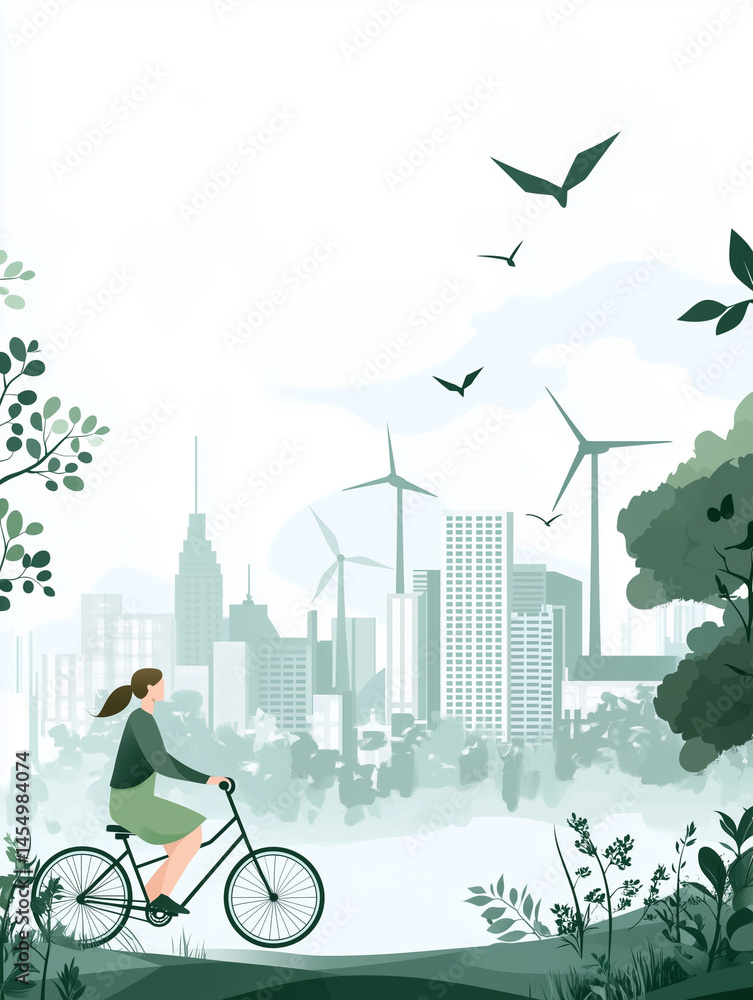 Young woman riding bicycle in sustainable green city with wind turbines