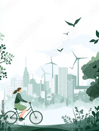 Young woman riding bicycle in sustainable green city with wind turbines
