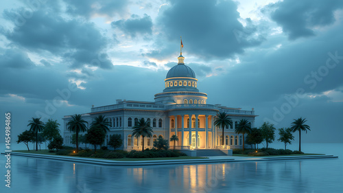 Illuminated Capitol-Style Building by the Water at Dusk