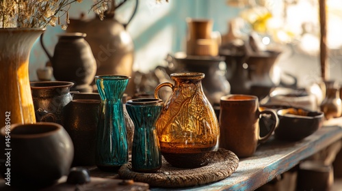 Wallpaper Mural Rustic pottery table with glass and ceramic vessels in natural sunlight Torontodigital.ca