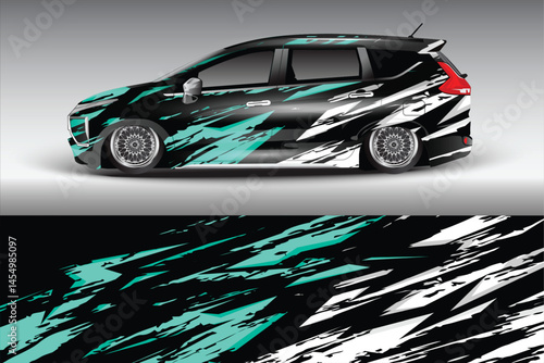 Stylish black and teal car wrap design showcasing motion