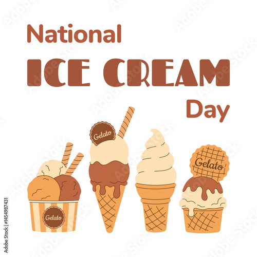 Square summer poster, postcard National Ice Cream Day. Soft vanilla chocolate caramel gelato, melted scoop ice cream in waffle cone on white background. Hand drawn flat Vector illustration EPS10