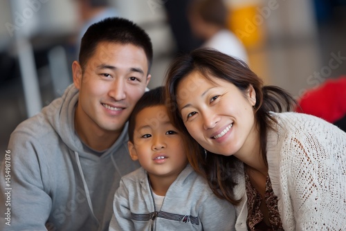 Delightful mixed family of three relaxing together  

