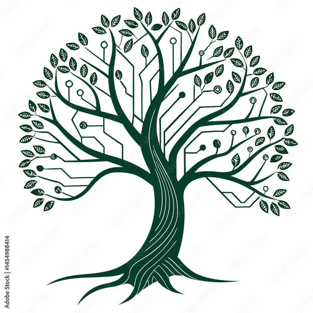 Obraz premium Digital Tree Art with Circuit Branches and Green Leaves 