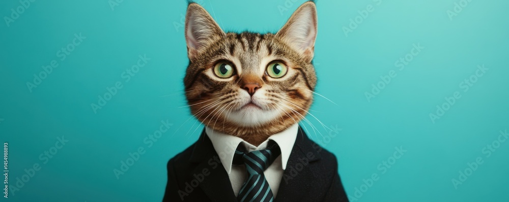 A charismatic cat in a business suit showcases its charm while exuding confidence against a vibrant teal backdrop during