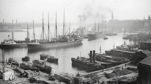 1900 industrial harbor with steamships and docks.