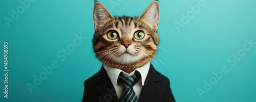 Obraz na płótnie A charismatic cat in a business suit showcases its charm while exuding confidence against a vibrant teal backdrop during w salonie
