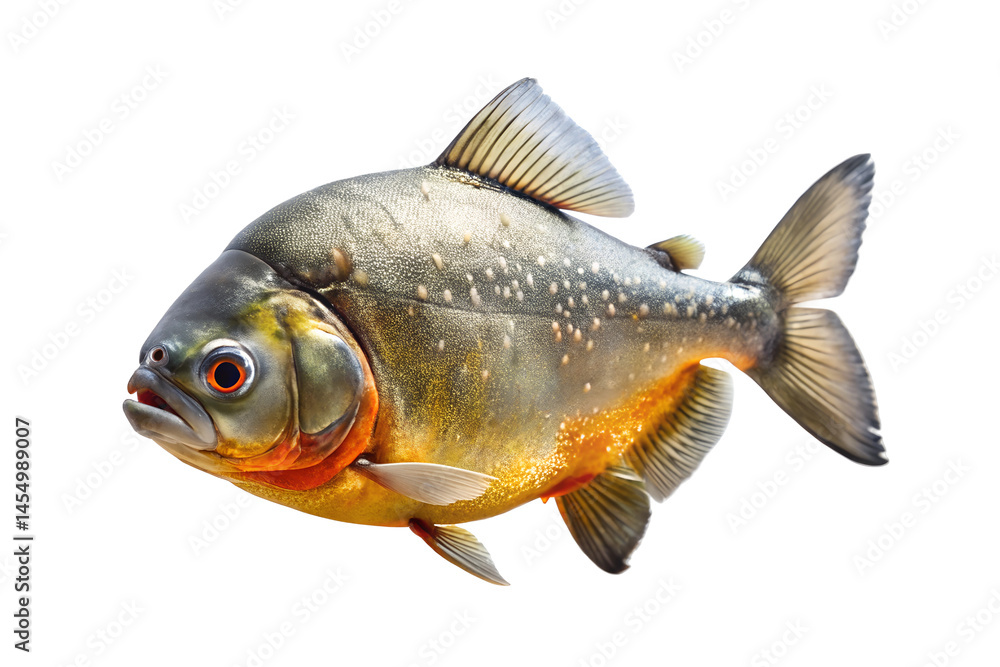 Fototapeta premium Isolated piranha fish close up portrait of dangerous aquatic animal with sharp teeth and fins on transparent background