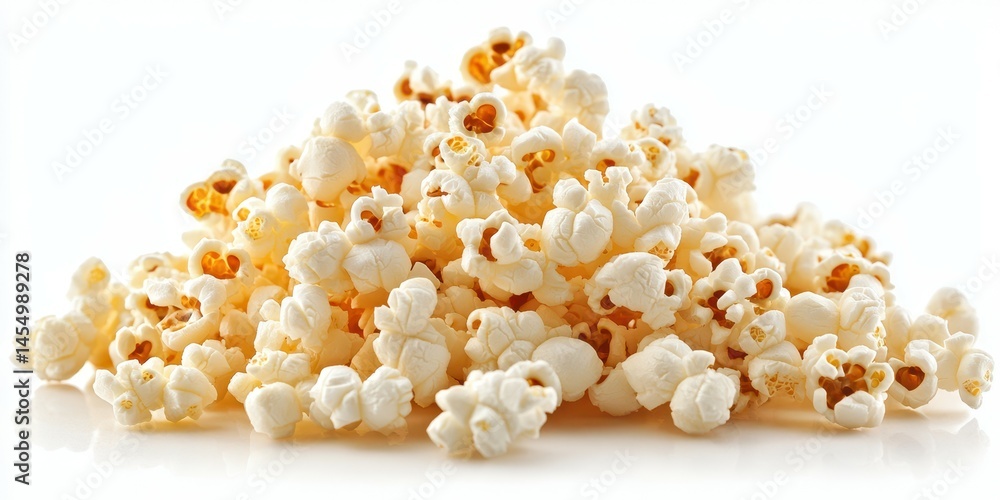 Freshly popped popcorn scattered on a white surface ideal for snacking during movies or gatherings Freshly popped popcorn scattered on a white surface ideal for snacking during movies or gatherings