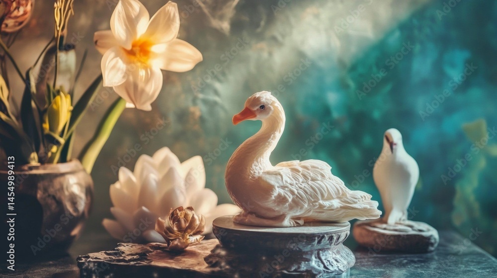 Obraz premium White swans with lotus flowers in fantasy soft blue forest pond