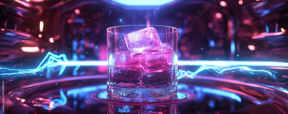 A cocktail glass with glowing ice cubes stands at the center of a futuristic bar, surrounded by ethereal lights and energy trails