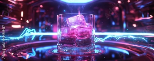 Obraz na płótnie A cocktail glass with glowing ice cubes stands at the center of a futuristic bar, surrounded by ethereal lights and energy trails w salonie