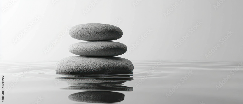 Stacked stones balance precariously above reflective water, promoting calmness. Stacked stones balance precariously above reflective water, promoting calmness.