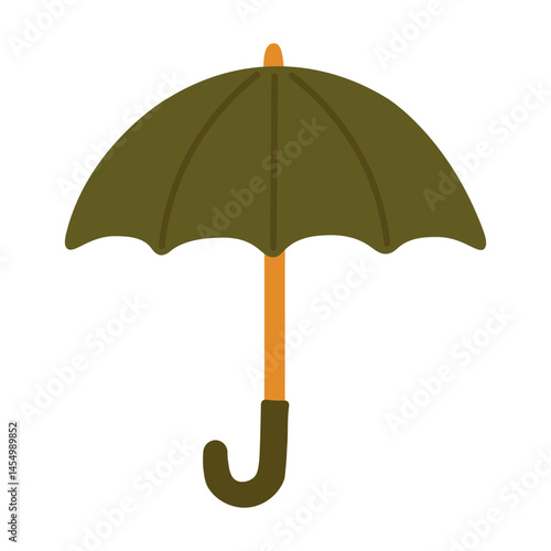Dark green umbrella with wooden handle. Simple cartoon element for fall rainy season.