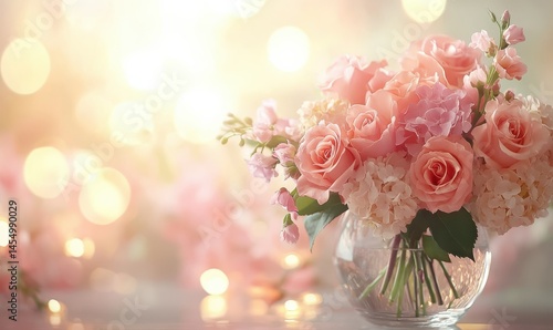 Obraz na płótnie Elegant Floral Centerpiece with Pink Roses and Hydrangeas Set Against a Beautifully Lit Background for Romantic Wedding or Event Decor w salonie