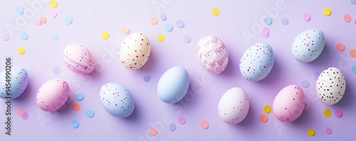 Obraz na płótnie Pastel eggs and confetti on a light purple background for spring celebration w salonie