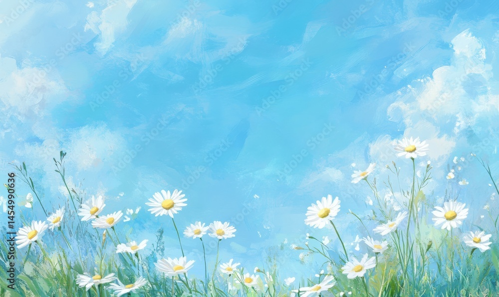 spring Field of daisies and blue sky background