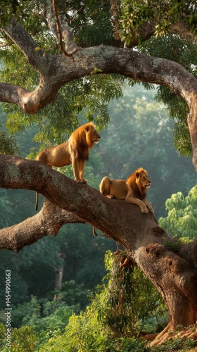 Two lions lounge in a massive tree, relaxing amidst lush foliage in the forest.