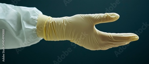 Gloved hand extends, showing the importance of safety, protection, sanitation, and sterility in various medical and scientific environments.