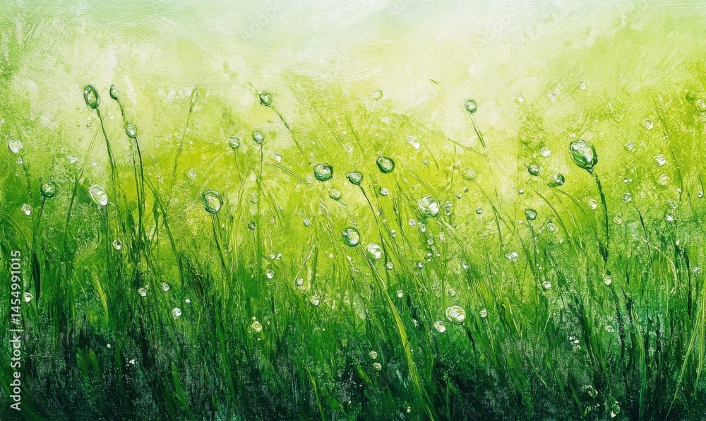 Soft, blurred green landscape with wildflowers and calming light atmosphere.