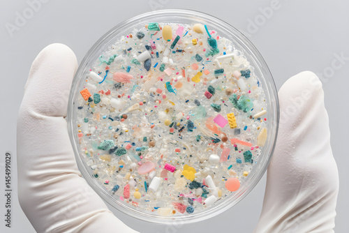 Microplastics in a Petri Dish: A gloved hand holds a petri dish containing a concentrated collection of microplastics.