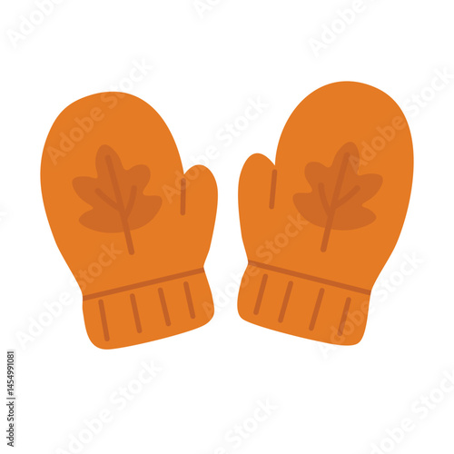 Cartoon flat orange mittens with fall leaf print. Cozy seasonal gloves for autumn and winter.