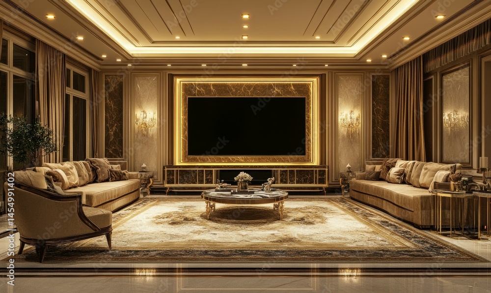 The interior design of a modern home theater in a luxury house at night, featuring a large TV and a luxurious sofa, armchair, and coffee table in the living room.