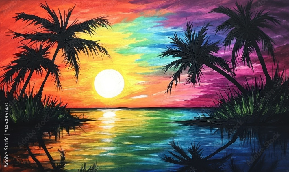The serene water reflects a vivid sunset, with palm trees silhouetted against a multicolored sky.